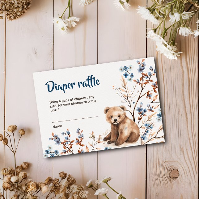 Diaper raffle bear forest flowers baby shower  enclosure card (Diaper raffle card with cute boho bear)