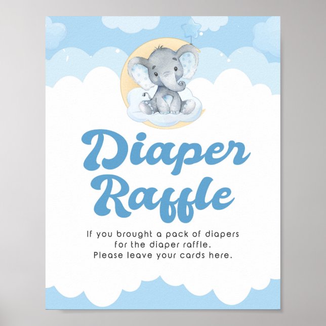 Diaper Raffle Blue Elephant Boy Baby Shower Sign (Front)