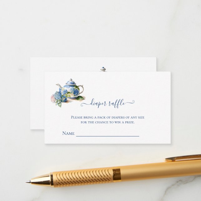 Diaper Raffle  Blue Hydrangea  Tea Party Enclosure Card (Front/Back In Situ)