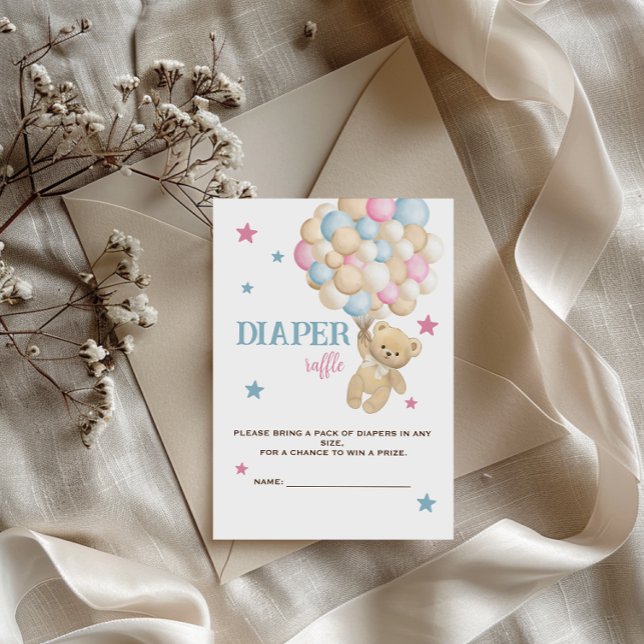 Diaper Raffle Blue Pink Teddy Bear Stars Balloons  Enclosure Card (Creator Uploaded)