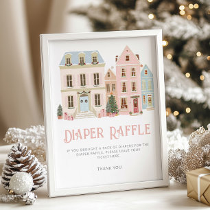 Diaper raffle Christmas village Pink Baby Shower Poster