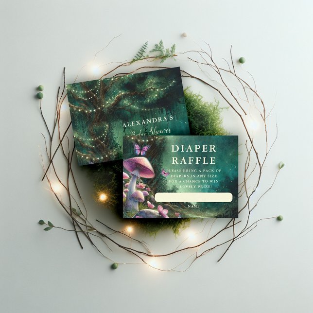 Diaper Raffle Enchanted Forest Pink Mushrooms Enclosure Card (enchanted forest garden mushroom baby shower diaper raffle insert enclosure woodland butterflies)