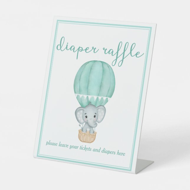 Diaper Raffle Green Elephant Baby Shower Pedestal Sign (Front)