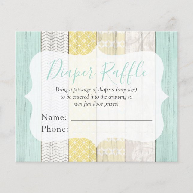 Diaper Raffle Mint & Yellow Baby Shower Entry Card (Front)