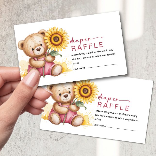 Diaper Raffle Pink Bear Sunflower Baby Shower Enclosure Card (Creator Uploaded)