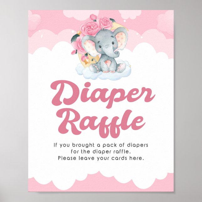 Diaper Raffle Pink Elephant Girl Baby Shower Sign (Front)