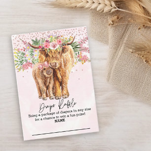 Diaper Raffle Pink Girl Highland Cow Floral Enclosure Card
