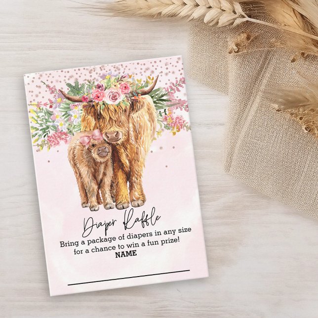 Diaper Raffle Pink Girl Highland Cow Floral  Enclosure Card (Creator Uploaded)