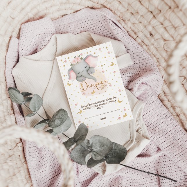 Diaper Raffle Pink Gold Floral Elephant  Enclosure Card (Creator Uploaded)