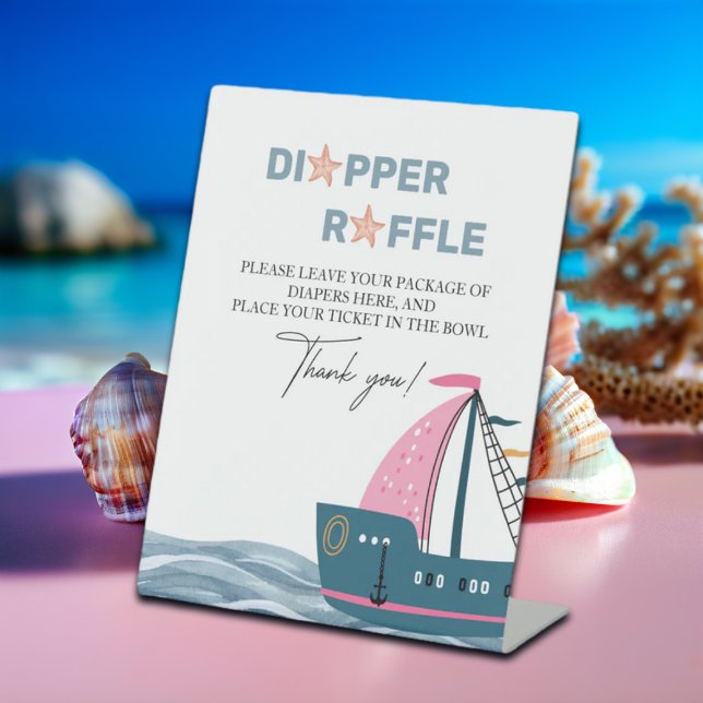 Diaper Raffle Pink Nautical Baby Shower Pedestal Sign (Creator Uploaded)