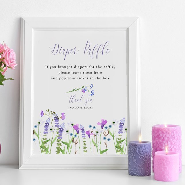 Diaper Raffle Purple Wildflower Baby Shower Poster (Baby Shower Diaper Raffle sign from my Purple Wildflower Collection. Order printed or as a printable)