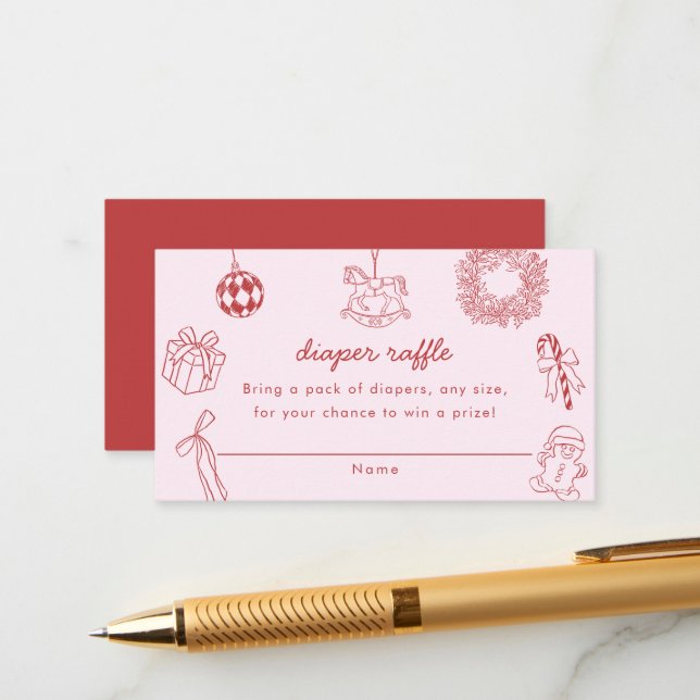 Diaper raffle red whimsical christmas winter girl enclosure card (Front/Back In Situ)