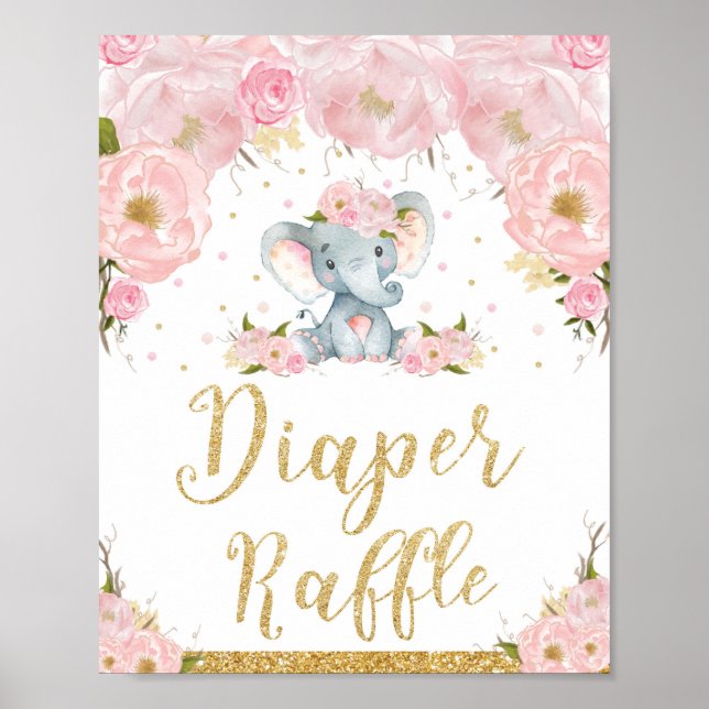 Diaper Raffle Sign Floral Elephant Baby Shower (Front)