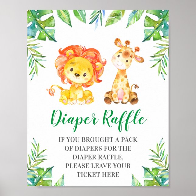 Diaper Raffle Sign Green Jungle Safari Baby Shower (Front)