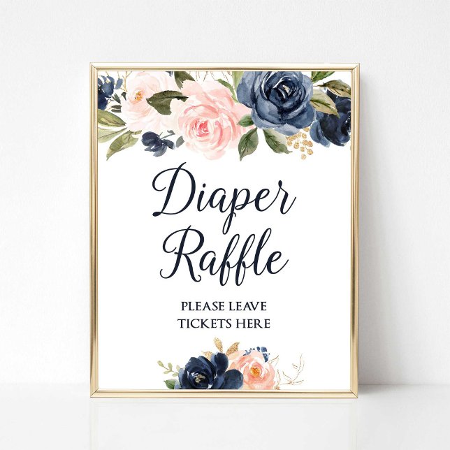 Diaper Raffle Sign Navy & Blush Floral Baby Shower (Diaper Raffle Baby Shower Sign, Navy & Blush Floral)