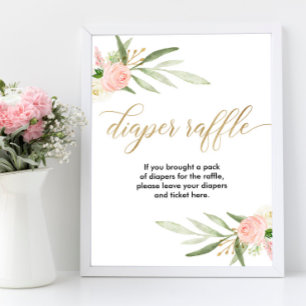 Diaper raffle sign pink greenery gold elegant