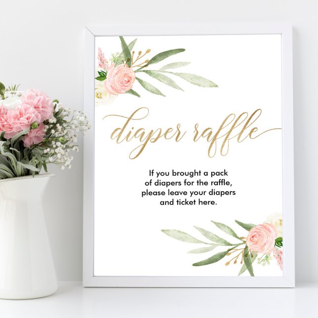 Diaper raffle sign pink greenery gold elegant (Creator Uploaded)
