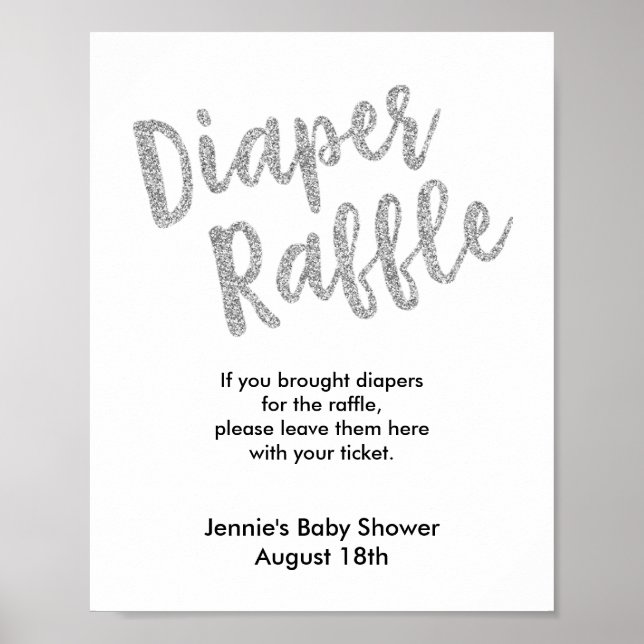 Diaper Raffle Silver Glitter Baby Shower Display Poster (Front)