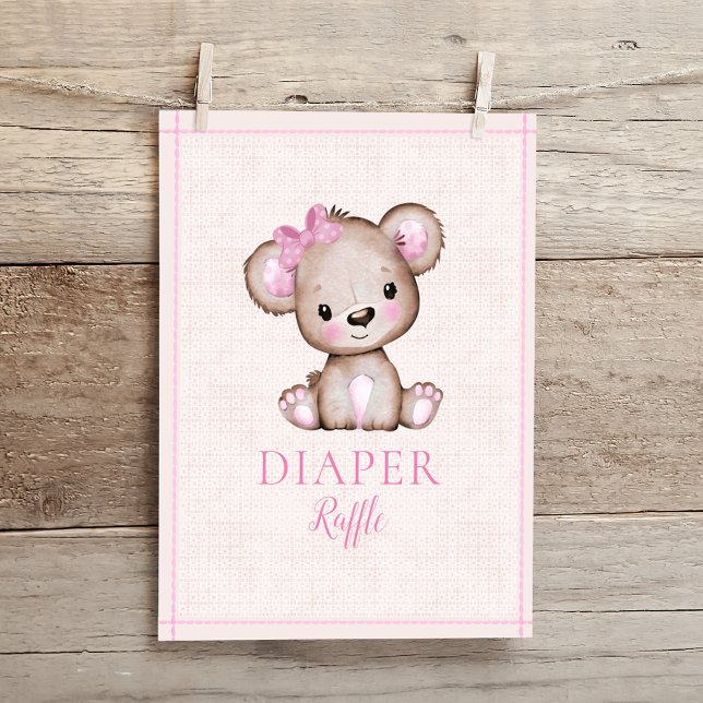 Diaper Raffle Table Cute Girl Bear Baby Shower Poster (Creator Uploaded)