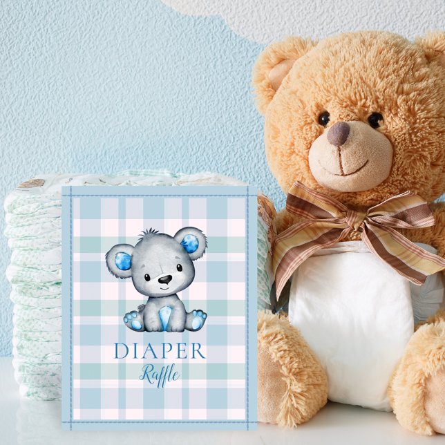 Diaper Raffle Table Cute Grey Bear Baby Shower Poster (Creator Uploaded)