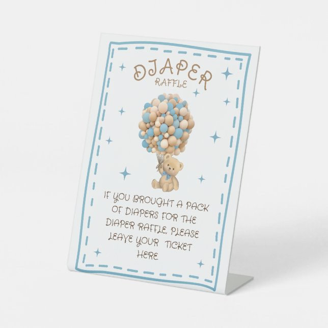 Diaper Raffle Teddy Bear Baby Boy Shower Game Pedestal Sign (Front)