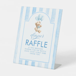 Diaper Raffle Teddy Bear Blue Stripes Baby Shower Pedestal Sign