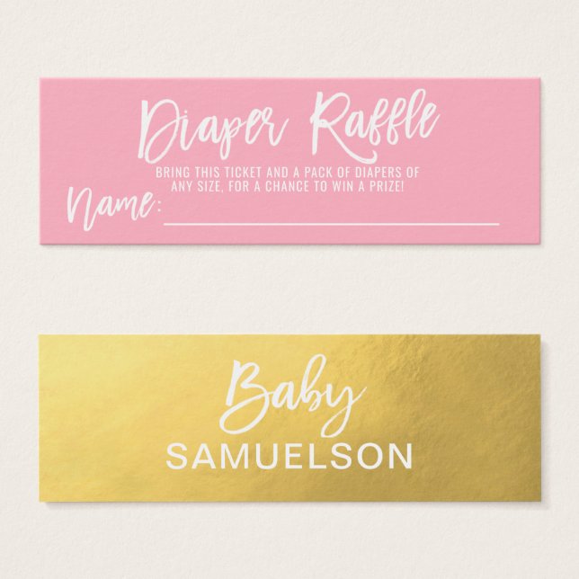 DIAPER RAFFLE Ticket Pink FAUX Gold Baby Shower (Front & Back)