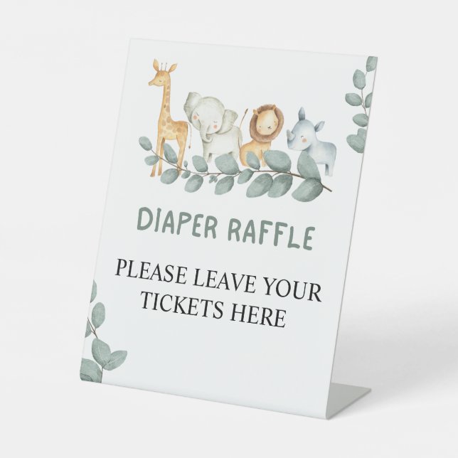 Diaper Raffle Wild One Zoo Animals Baby Shower Pedestal Sign (Front)