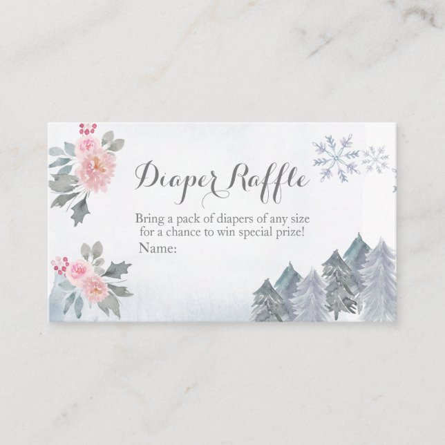 Diaper Raffle Winter Pink Floral Pine Trees Enclosure Card (Front)