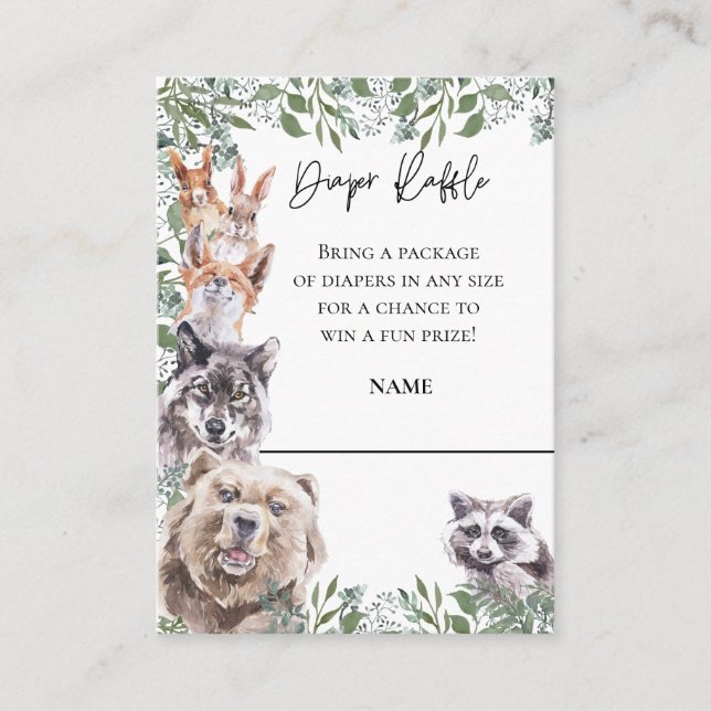 Diaper Raffle Woodland Animals Baby Shower Forest Enclosure Card (Front)