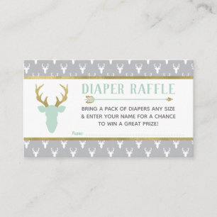 Diaper Raffle, Woodland Deer, Mint, Grey, Gold Enclosure Card