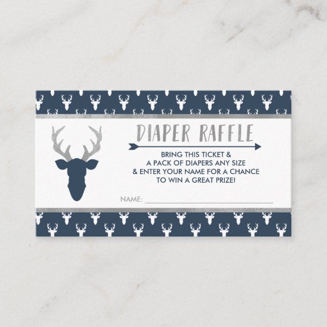 Diaper Raffle, Woodland Deer, Navy Blue, Silver Enclosure Card (Front)