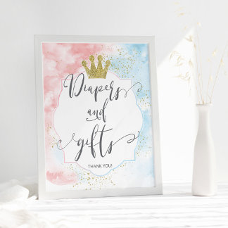 "Diapers and gifts" Sign, Pink Blue Gender Reveal Poster