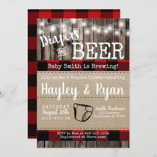 Diapers & Beer Buffalo Plaid Baby Couples Shower Invitation (Front/Back)