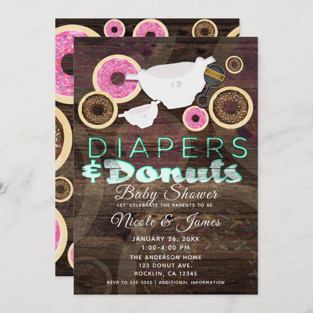 Diapers & Doughnuts Rustic Wood Party Baby Shower Invitation (Front/Back)