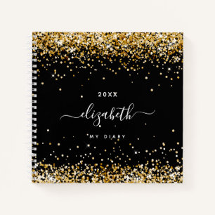 Diary black gold confetti name script notebook
