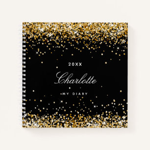 Diary black gold confetti name script notebook