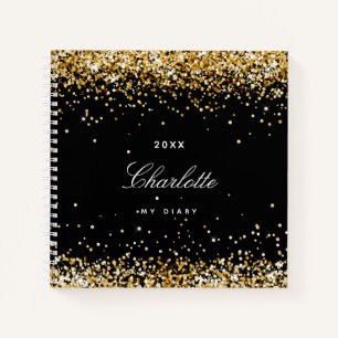 Diary black gold glitter confetti name script notebook