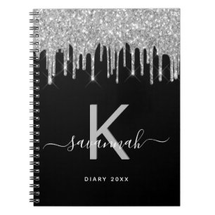 Diary black silver glitter drips monogram notebook