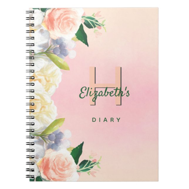 Diary blush pink flowers white name monogram notebook (Front)