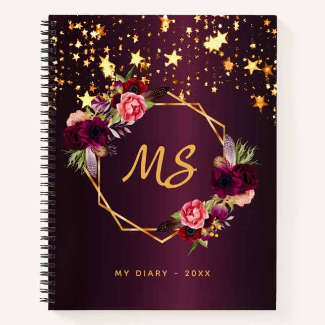 Diary burgundy gold stars geometric flowers notebook (Front)