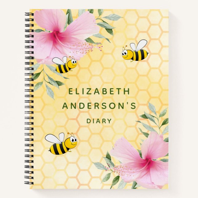 Diary happy bees pink florals name notebook (Front)
