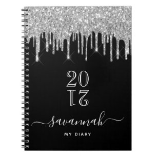 Diary monogram black silver glitter drips notebook