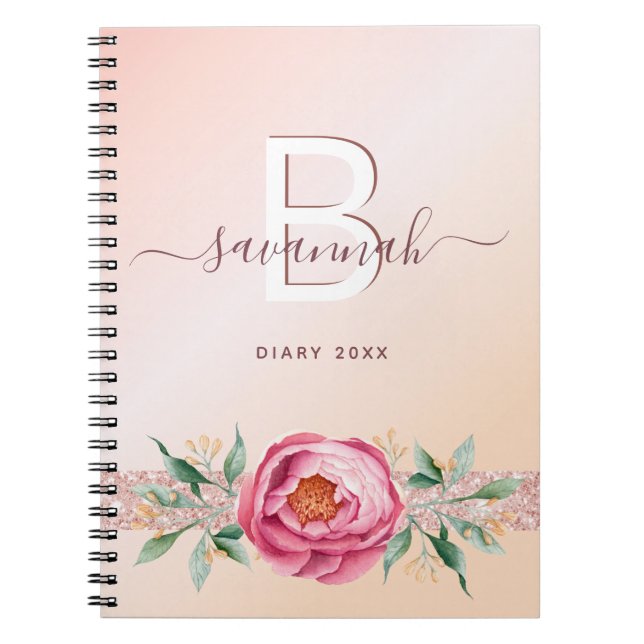 Diary monogram rose gold pink glitter girly modern notebook (Front)