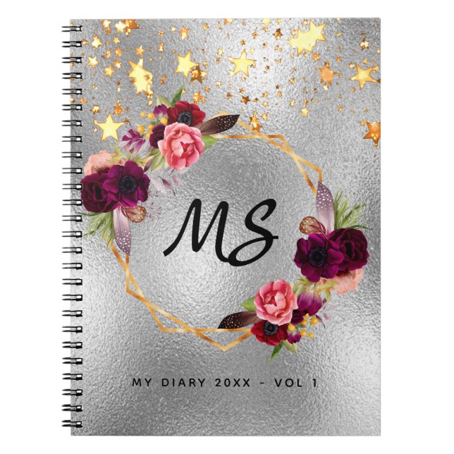 Diary monogram silver gold floral burgundy stars notebook (Front)