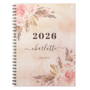 Diary pampas grass rose gold florals name notebook