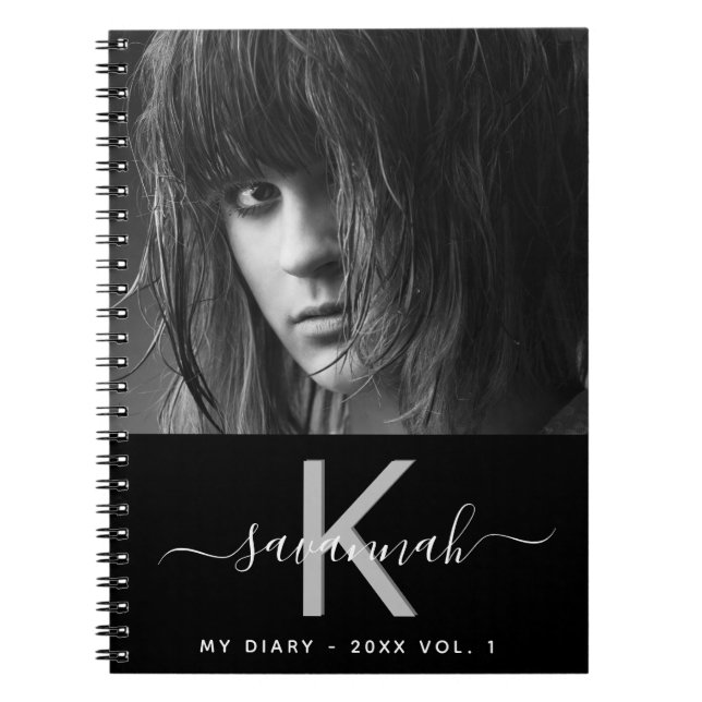 Diary photo black white monogram script notebook (Front)