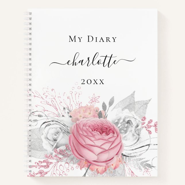 Diary pink floral silver foliage white name notebook (Front)