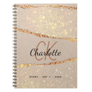 Diary rose gold glitter agate marble monogram notebook