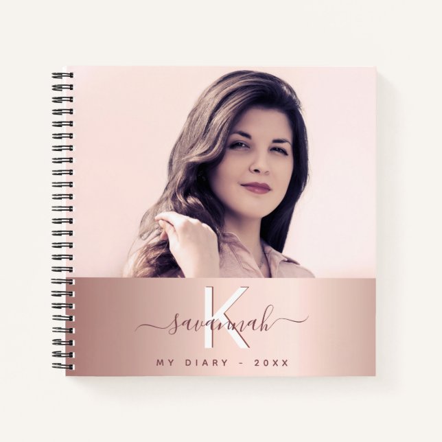 Diary rose gold pink custom photo monogram notebook (Front)